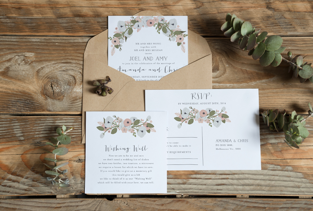 Coocachuu Amanda Floral Invitations, RSVP postcards, Wishing Well