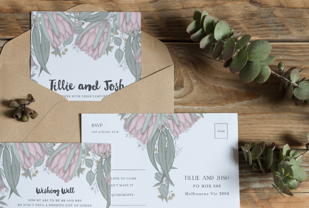 Coocachuu Tillie Protea Invitations, RSVP and Wishing Wells